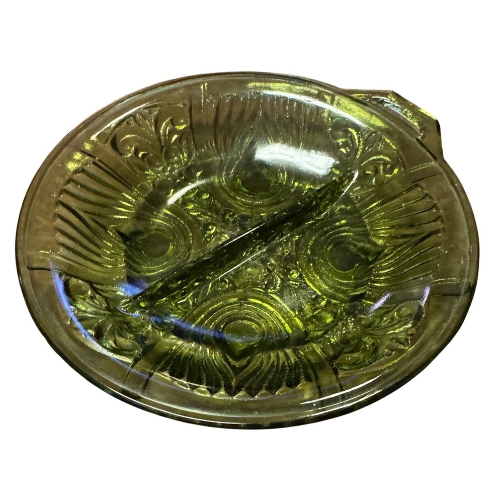 Vintage Green‎ Glass Divided Ashtray Serving Dish Candy Nut Relish Plate 8 inch